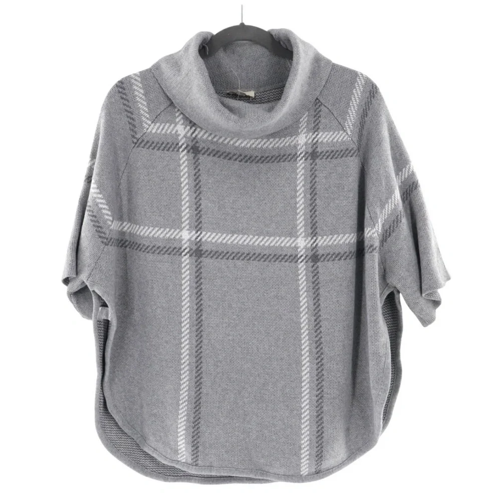 NEW Loft Grey Cotton Blend Plaid 3/4 Sleeve Cape Poncho Cowl Neck Sweater, XS/S